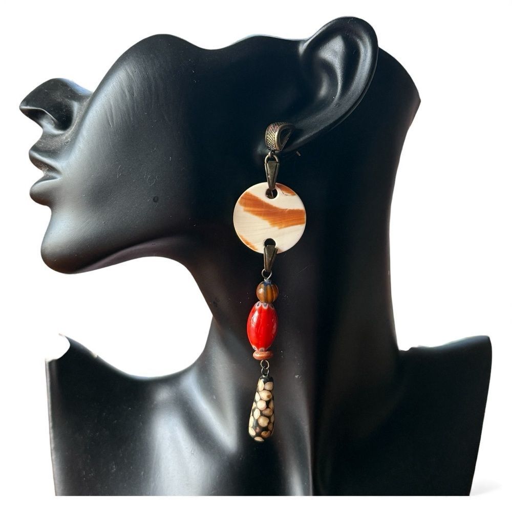 Nature African Batik Bone and Glass Beaded Earrings Cream Black Red